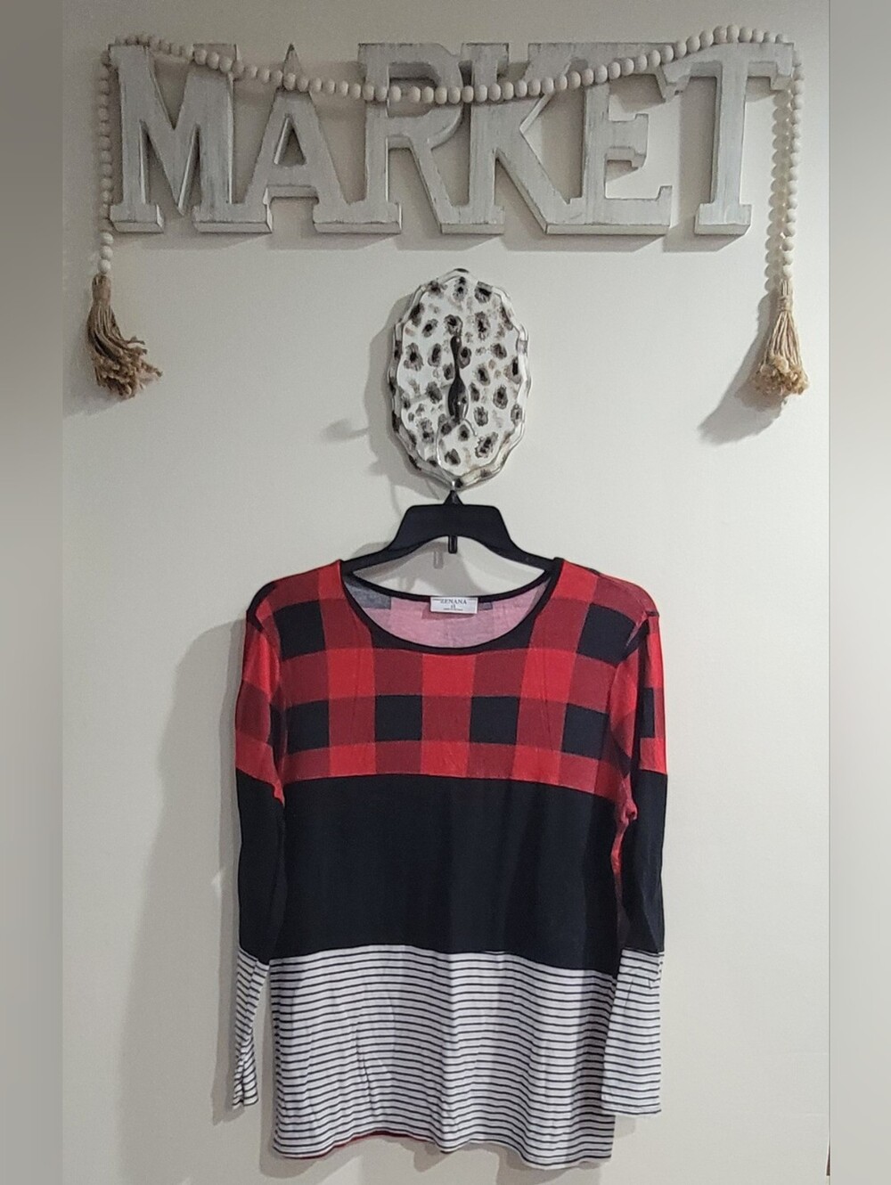 Zenana Outfitters Red Black Buffalo Plaid Long Sleeve Top with Stripes